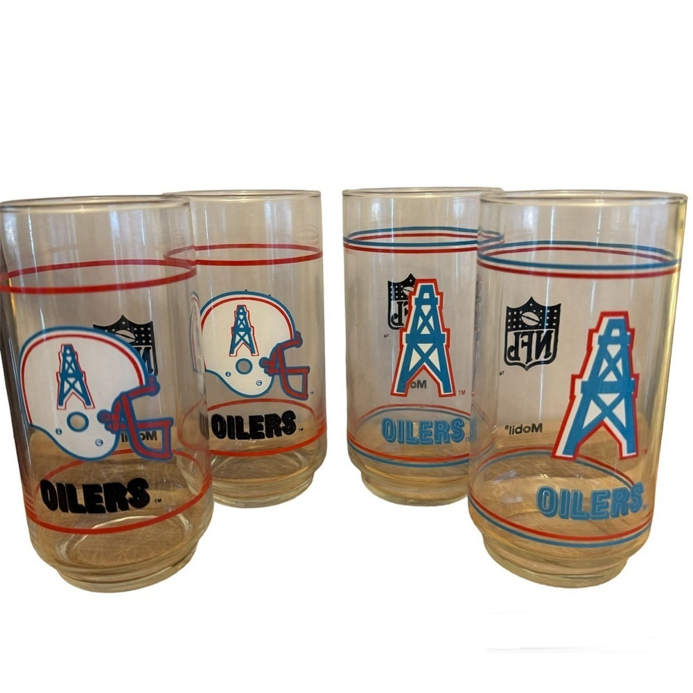 Houston Oilers NFL Football Vintage 80’s Mobil Oil Promo Glass Tumblers set of 4
